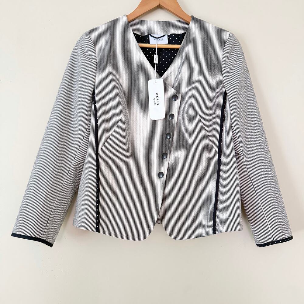 NWT Akris Punto Asymmetrical Blazer Jacket 8 Stripe Snap Retro Luxury Seersucker